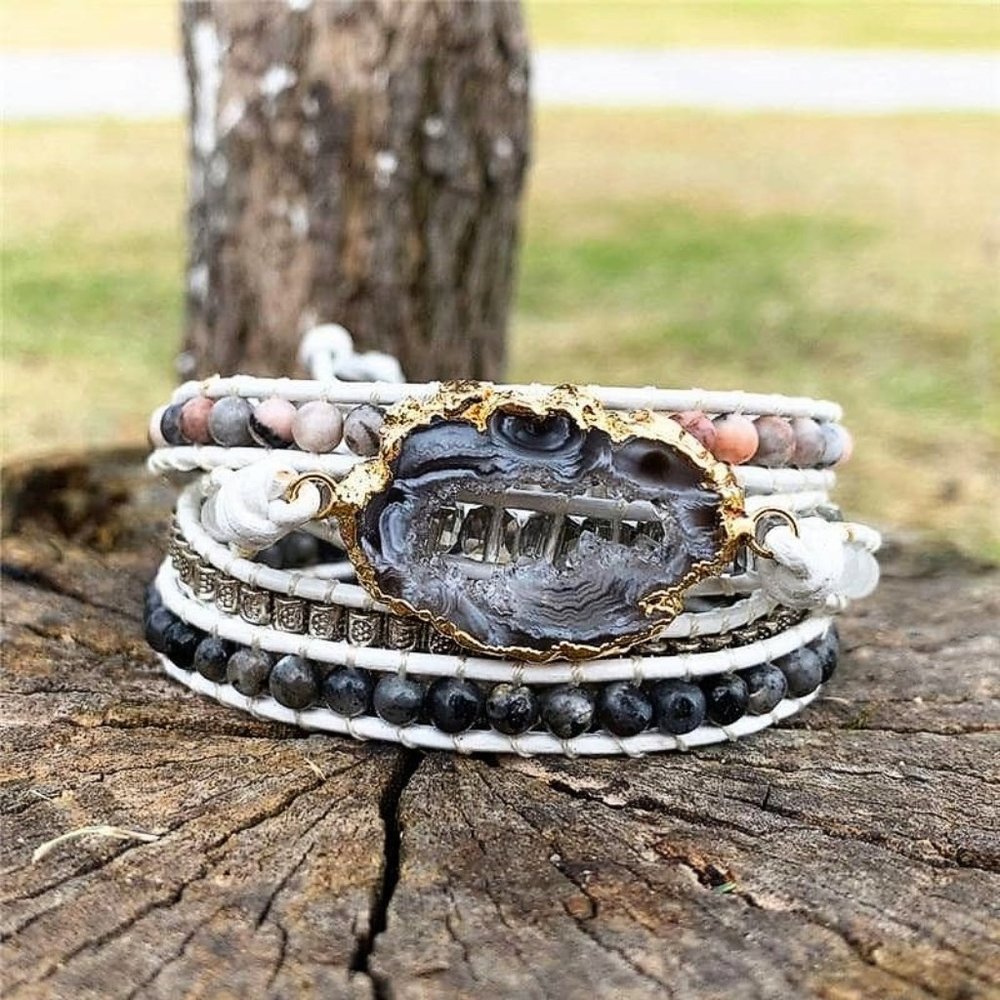 Druzy Agate Charm Bracelet Natural Stone Crystal Beaded Leather Wrap Bracelet
